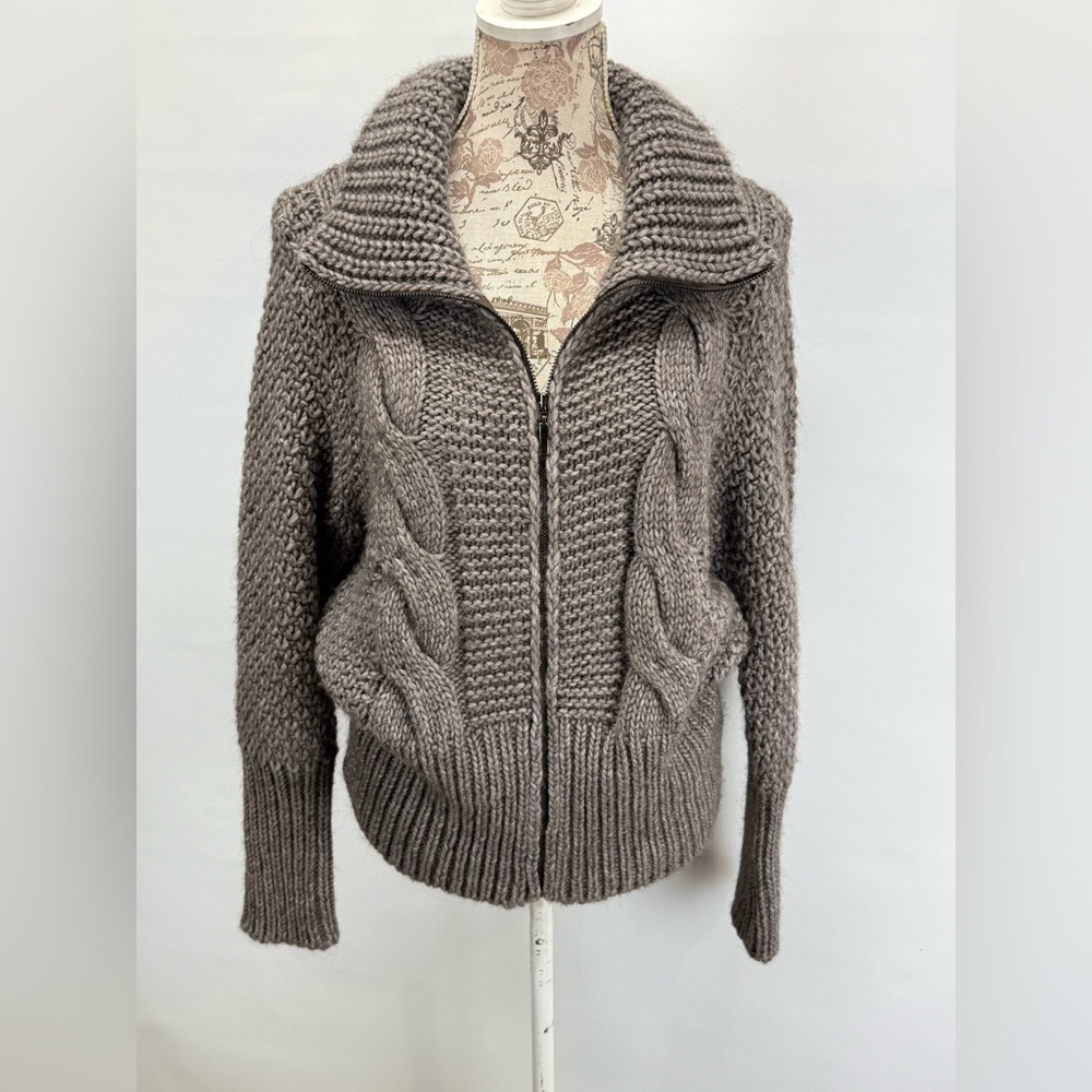 PAOLA MANFREDI Gray Cable Knit foldover collar full zip Cardigan size M